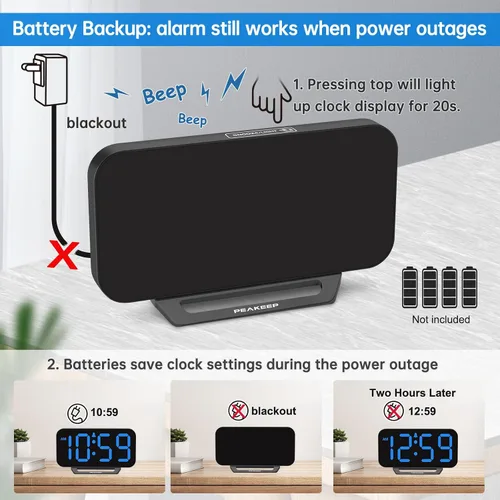 Vista 5 de Peakeep Small Digital Alarm Clock for Bedrooms, Loud for Heavy Sleepers Dimmable Plug in Electric Large Numbers Clock Battery Backup, Slim Clock