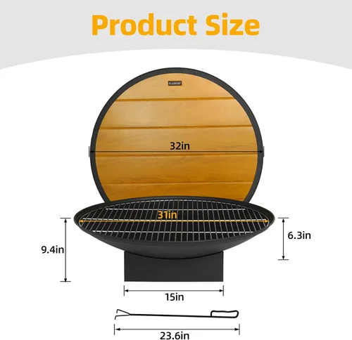 Vista 6 de Fogata de 32 pulgadas para exteriores, mesa de fogata de leña para exteriores con parrilla y tapa, hoguera portátil grande para patio trasero