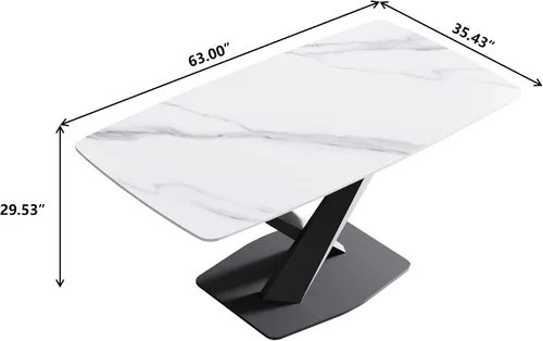 Vista 2 de Mesa de comedor moderna, mesa de comedor de piedra sinterizada blanca con base de acero al carbono sólido en forma de X, mesa de comedor rectangular