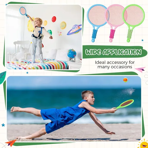 Vista 4 de Wettarn 8 raquetas de tenis de plástico para niños, con 4 pelotas de tenis y 4 volantes, juego de raquetas de playa en 3 colores para niños, regalos