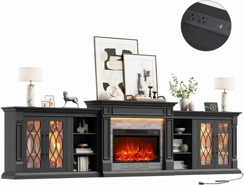 Vista 12 de Soporte de TV con chimenea de 72 pulgadas con toma de corriente y LED, chimenea eléctrica con repisa, centro de entretenimiento con almacenamiento