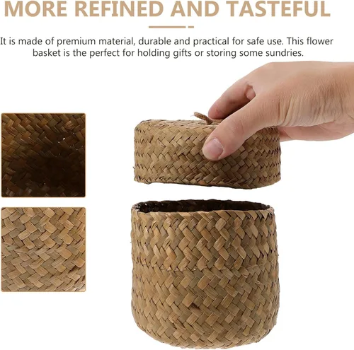 Vista 3 de Zerodeko Cesta de pastos marinos con tapa, cesta de flores tejida a mano con tapa, estante de mimbre, caja de almacenamiento pequeña, caja de regalo