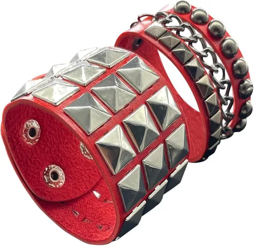 Vista 6 de Pulsera punk para hombres y mujeres, pulsera de cuero gótica con tachuelas de metal