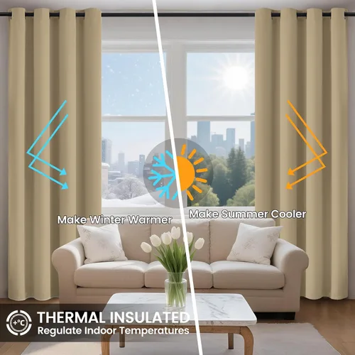 Vista 6 de COSVIYA Cortinas opacas 100% beige Biscotti para dormitorio, juego de 2 paneles de 63 pulgadas de largo, bloqueo de luz completa, aislamiento