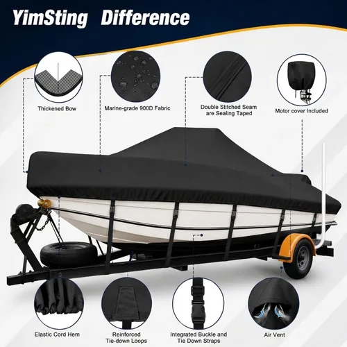 Vista 7 de Funda para consola central 1400D para lancha de 16 a 18.5 pies, lona marina resistente al agua, cubierta de barco remolcable con funda de motor