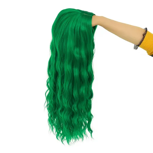 Vista 4 de Peluca larga y ondulada verde para mujer, parte media, disfraz de cosplay, peluca de repuesto de cabello sintético