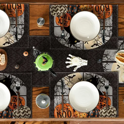 Vista 4 de Artoid Mode Boo - Juego de 4 manteles individuales de Halloween con diseño de calabazas de gato negro, 12 x 18 pulgadas, para decoración de fiestas