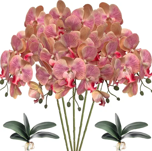 Vista 13 de HinyoCo 5 piezas de orquídeas artificiales y 2 paquetes de hojas, flores artificiales de Phalaenopsis de 32 pulgadas para decoración del hogar