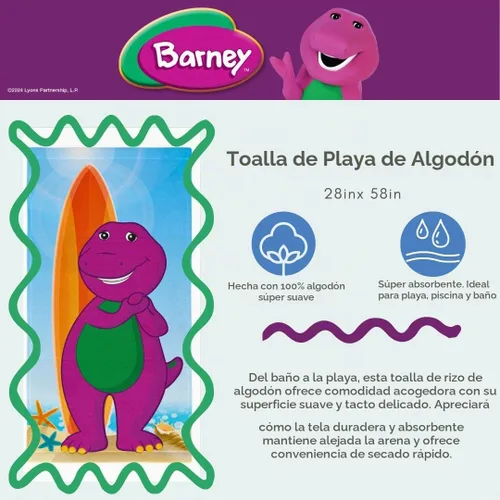 Vista 3 de Barney Classic - Toalla de baño de algodón súper suave para niños, 58 x 28 pulgadas, (producto oficial con licencia) Franco Barney Clásico