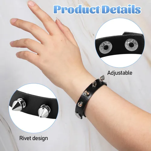 Vista 3 de 2 pulseras de cuero punk, pulsera de remaches trenzados, pulseras emo negras de los años 80 para mujeres y hombres, joyería punk para regalos
