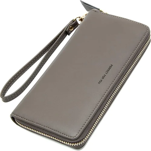 Vista 9 de VOCUS Cartera de mujer con bloqueo RFID de cuero PU con cremallera alrededor, gran cartera de viaje larga, con tarjetero y tira para la muñeca Marrón