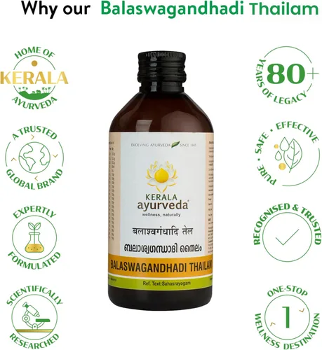 Vista 5 de Kerala Ayurveda Balaswagandhadi Thailam - Aceite de masaje ayurvédico para cuerpo con Ashwagandha - Equilibra la Vata y la pita, calma la mente