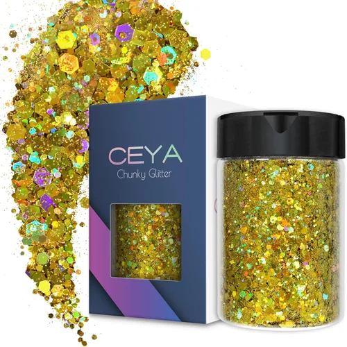 Vista 20 de Ceya Brillantina gruesa holográfica, 1 libra/16 onzas, oro diamante a granel, purpurina mixta gruesa y fina embotellada con lentejuelas metálicas