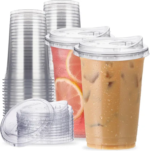 Vista 7 de Vasos de plástico transparente de 12 oz con tapas sin pajita, 25 juegos de vasos desechables de plástico para café helado, vasos para llevar