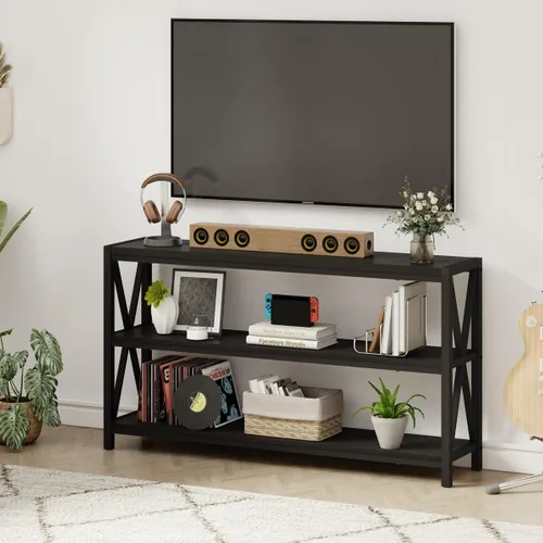 Vista 8 de Mesa consola para entrada, mesa de sofá larga con estantes debajo de la ventana, mesas de pasillo de madera y metal para vestíbulo