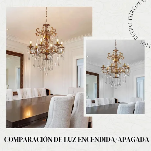 Vista 7 de Candelabros de cristal de bronce antiguo de lujo con lámpara colgante de vela, lámpara de techo de 6 luces de cristal dorado para comedor, sala