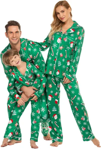 Vista 3 de Ekouaer - Conjunto de pijama de manga larga y botones, motivos navideños a juego para la familia, tallas de la S a la XXL