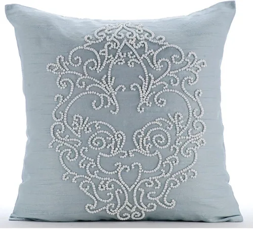 Vista 27 de The HomeCentric Funda de cojín para sofá, 12 x 12 pulgadas, funda de almohada decorativa cuadrada de lino azul claro con zardozi y cuentas bordadas