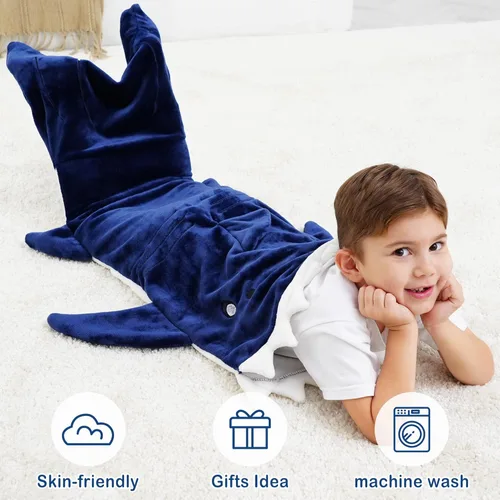 Vista 2 de Softan Manta de tiburón para niños, franela suave, juguetes para niños, manta de forro polar con cola de tiburón, azul oscuro, cálida y suave