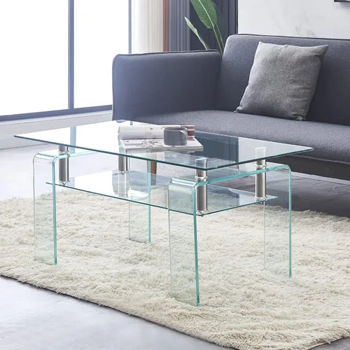 Vista 5 de Mesa de centro de vidrio templado con patas de cristal, moderna mesa de centro pequeña para sala de estar (marrón, 39.4 x 21.7 x 17.7 pulgadas)