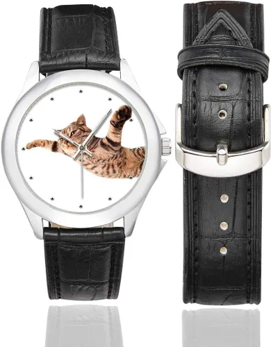 Vista 2 de Funny Cats - Reloj clásico de acero inoxidable para mujer, resistente al agua, correa de cuero, color negro, Negro