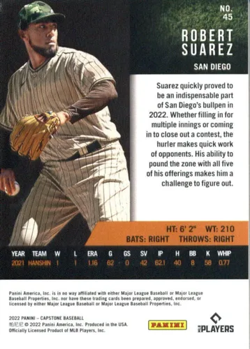 Vista 2 de 2022 Panini Capstone #45 Robert Suarez San Diego Padres Rookie Baseball Card - GotBaseballCards