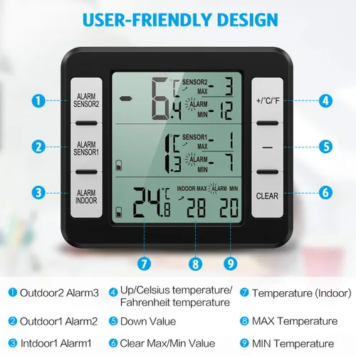 Vista 2 de Termómetro de Refrigerador AMIR (Nueva Versión), Termómetro Inalámbrico para Interior y Exterior, Sensor de Monitoreo de Temperatura con Alarma