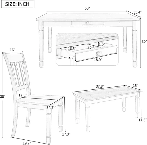 Vista 3 de Juego de mesa de comedor de madera de 60 pulgadas de largo con cajones pequeños, banco y 4 sillas de diseño ergonómico, juego de mesa de comedor