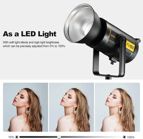 Vista 3 de Godox FV150 - Luz LED flash de 150 W 2.4G, sincronización de alta velocidad 1/8000s, CRI96+, TCLI 96+, 12000LUX, 5600 K ± 200 K, 8 modos de efectos