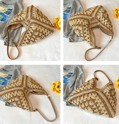 Vista 2 de Bolsos Hobo de paja para mujer, bolso de hombro vintage, bolsa de mano, bolsa de playa de diseñador, bolsa de playa, vacaciones, trabajo, todos