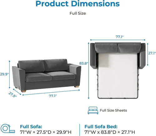 Vista 9 de Mjkone Sofá cama extraíble de 71 pulgadas de ancho con almohadas de espuma viscoelástica y colchón, sofá biplaza convertible 2 en 1 con cama