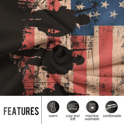 Vista 3 de Levens Manta de franela con silueta de soldado de la bandera estadounidense Grunge de 50 x 60 pulgadas, ultra suave, ligera, acogedora manta