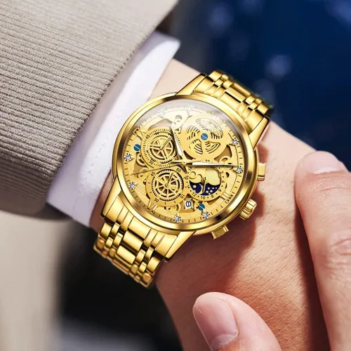 Vista 3 de OLEVS Reloj de pulsera para hombre, esqueleto de acero inoxidable, cronógrafo de cuarzo de lujo, impermeable, relojes luminosos para hombre