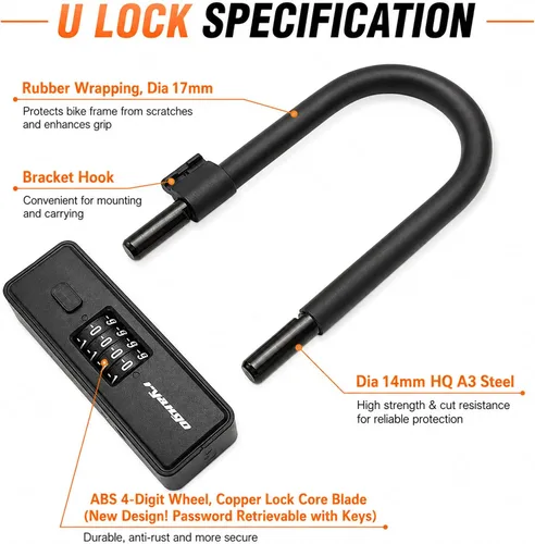Vista 3 de Bike U Lock Combinación de 4 dígitos antirrobo con cable de acero de 6 pies y soporte