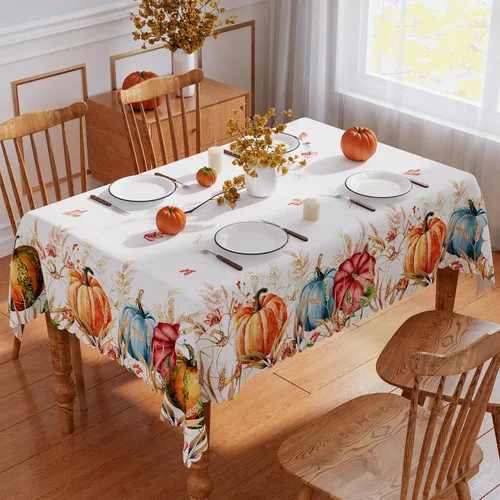 Vista 3 de Mantel rectangular de otoño de 52 x 70 pulgadas, manteles de calabaza en acuarela para decoración de otoño y Acción de Gracias para el hogar, borde