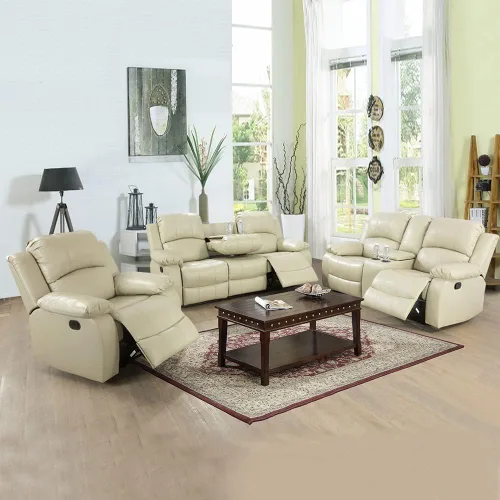 Vista 15 de Juego de muebles de sala de estar, juego de sofá reclinable de cuero, sofá reclinable y sofá biplaza, juego de sofá de cuero beige, juego de muebles
