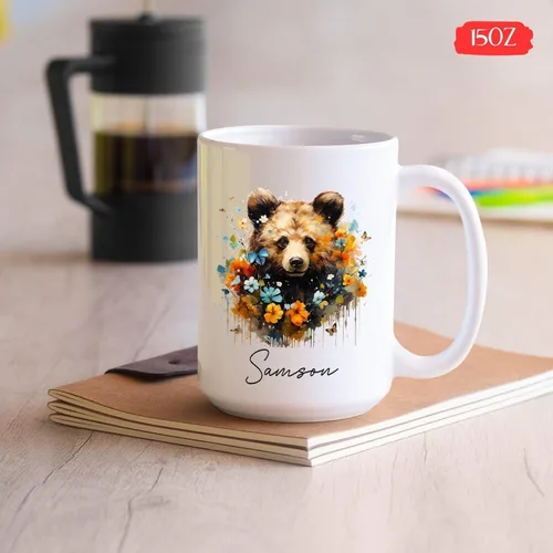 Vista 5 de Taza de café de oso – Regalo personalizado para amantes, taza de té de animales salvajes con flores, regalo de cerámica personalizado para amantes