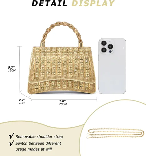 Vista 4 de Bolso de mano con strass para mujer, bandolera brillante y bolsos para boda, fiesta, noche, bolso cruzado