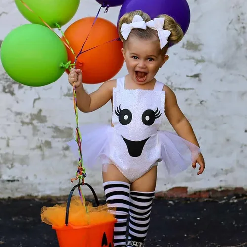 Vista 2 de Conjunto de ropa para bebés recién nacidos de Halloween sin mangas fantasma mameluco tutú vestido de lentejuelas body calentadores de piernas