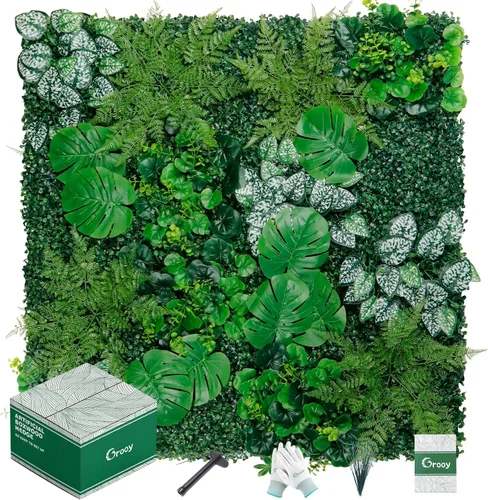 Vista 9 de Grooy Pared de césped artificial de seto de 20 x 20 pulgadas, 6 paneles de boj, paneles de fondo de vegetación, pantalla de valla de privacidad