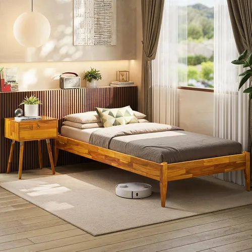 Vista 13 de Bme Dinkee - Marco de cama de plataforma Queen de madera de 15 pulgadas, marco de cama de madera maciza, estilo moderno y minimalista, soporte de 12