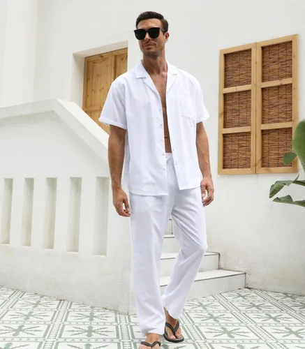 Vista 3 de RPOVIG Conjunto de camisa de lino y pantalones conjuntos de lino de 2 piezas para hombre, camisas de manga corta, pantalones de yoga, trajes