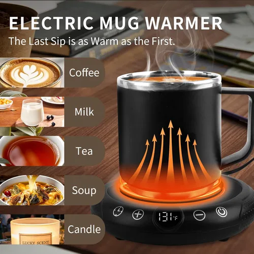 Vista 4 de Calentador de taza de café, calentador eléctrico de tazas para escritorio, plato calentador de velas con pantalla de temperatura, ajuste de 8
