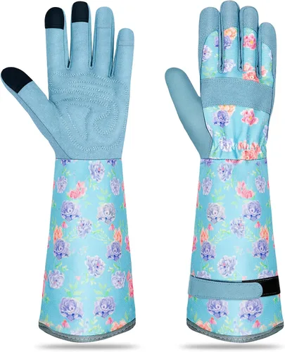 Vista 19 de Guantes largos de jardinería para mujer, guantes de cuero a prueba de espinas, guantes de trabajo transpirables para mujeres, patio, exteriores