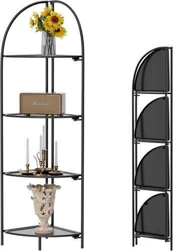 Vista 23 de Crofy Estante esquinero plegable de 3 niveles, soporte de esquina de metal para plantas con marco negro y estantes negros, estante de exhibición