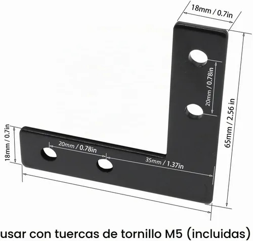 Vista 3 de 10 juegos de perfiles de extrusión de aluminio de la serie 2020, soportes en L de ángulo recto negro con tuercas y pernos de ranura en T M5