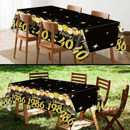 Vista 16 de Uiorgui 2 piezas mantel de cumpleaños número 18, mantel de cumpleaños número 18 negro dorado para niños y niñas, mantel de plástico rectangular