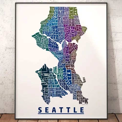 Vista 3 de Impresión del mapa del barrio de Seattle, impresión firmada de mi arte original de mapa de tipografía de Seattle dibujado a mano