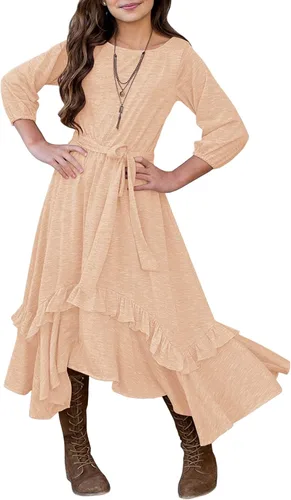 Vista 19 de MITILLY Vestido largo maxi suelto liso de manga 3/4 casual con bolsillos y volantes estilo swing con cinturón para niñas 01 Azul oscuro fultter