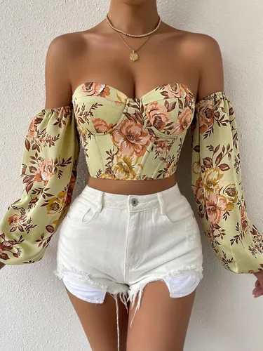Vista 5 de ZKFDP Blusa corta casual de verano para mujer, con estampado floral, hombros descubiertos, manga farol, ojales y cordones (talla S S)